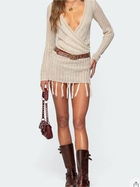 Edikted Cream Knit Fringe Mini Skirt